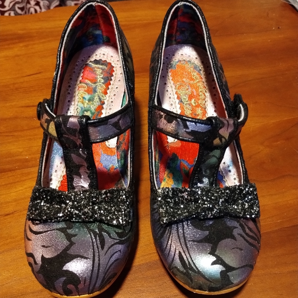 Irregular Choice black & metallic rainbow heels